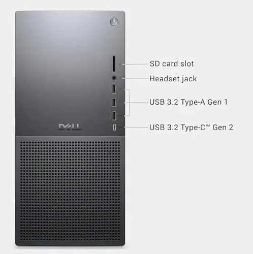 The rear panel of the Tower Plus showing three DisplayPort and two HDMI outputs