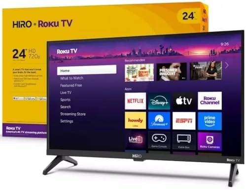 The Roku Hiro 24-inch television set up on a small table in a bedroom