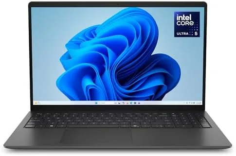 Dell 15.6 laptop with Intel Core Ultra 5 open on a desk in carbon black