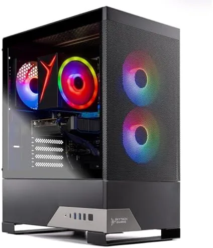 The Skytech Nebula 2 gaming PC tower on a desk with a monitor