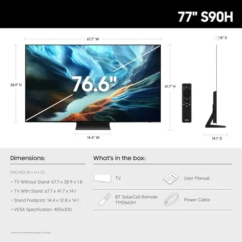 Close view of the ultra-thin bezel and low-profile stand of the S90H television