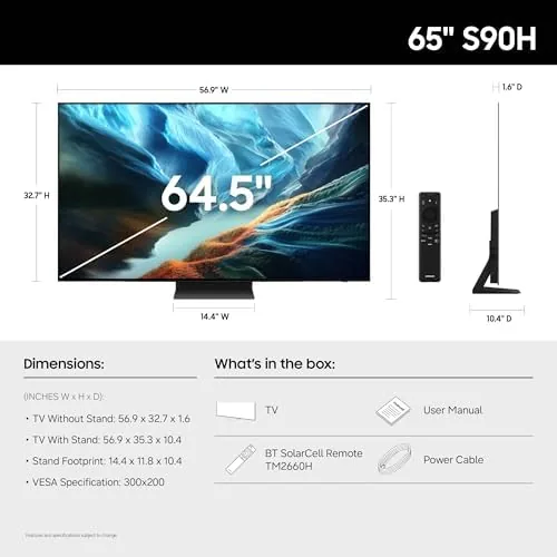 Close view of the slim bezel and stand of the 65-inch S90H television