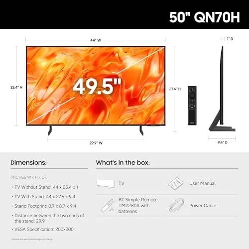 Close view of the slim bezel and stand of the 50-inch QN70H television