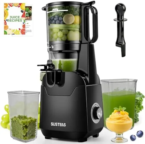 The SUSTEAS 2-in-1 cold press juicer on a kitchen counter with fresh produce beside it