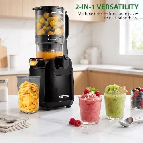 The dual strainers of the SUSTEAS juicer shown side by side for juice and sorbet