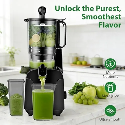 The SUSTEAS juicer next to a centrifugal juicer comparing size and chute diameter