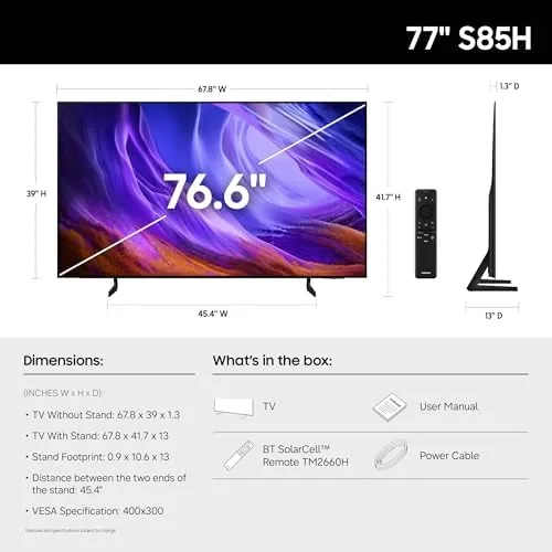 Close look at the Samsung 77-Inch Class S85H Series, OLED, 4K, Smart TV, 2026 build quality
