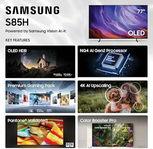 Detail shot of the Samsung 77-Inch Class S85H Series, OLED, 4K, Smart TV, 2026 features