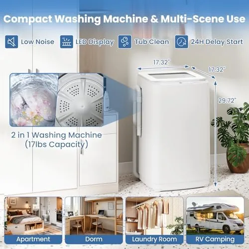 Comparison shot of the VCJ portable washer beside a full-size washing machine