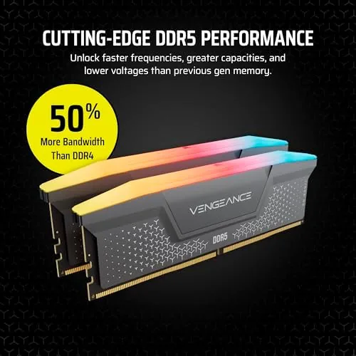 CORSAIR DDR5 kit installed in a motherboard with RGB lighting glowing