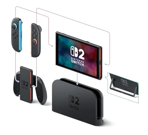 Switch 2 docked on a desk with the HDMI cable connected to a monitor