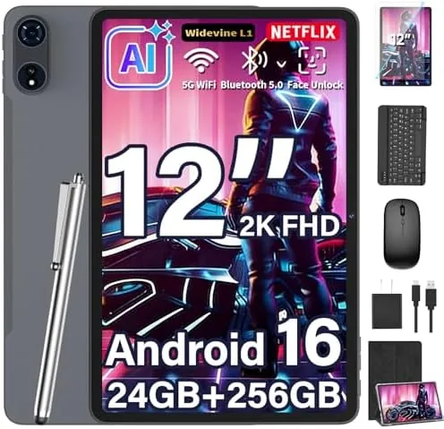 Overview of the 12 Inch Tablet - Android 16 Tablet with Keyboard, 24GB+256GB+2TB