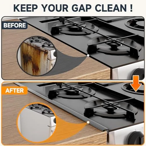 The gap cover extended to its full retractable length across a wider stove opening