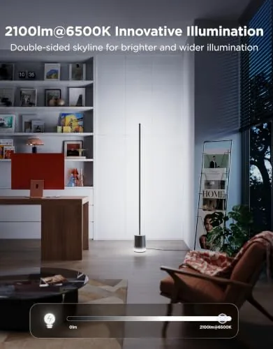 Govee Floor Lamp 3 glowing in a vivid color mode in a home office