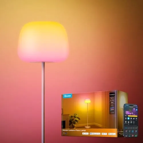 The Govee Lantern Floor Lamp Halo casting a warm gradient glow across a living room corner
