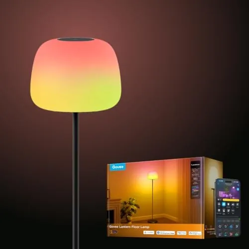 The black Govee Lantern Floor Lamp Halo standing in the corner of a living room