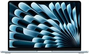 The Sky Blue MacBook Air 13-inch M5 sitting open on a bright wooden table