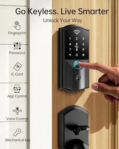The smart lock keypad lighting up during evening use at the door