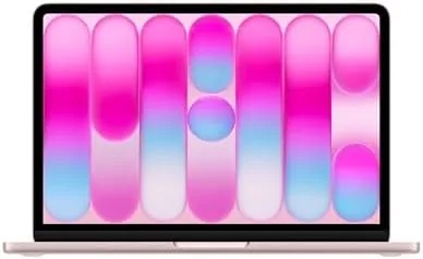 The Blush MacBook Neo 13-inch open on a desk showing its display