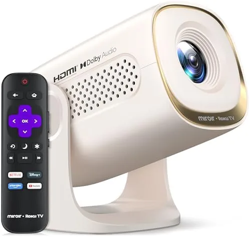 The Miroir Roku TV smart projector casting a bright image onto a white wall in a dark room