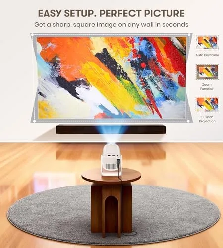 A cozy movie night scene with the Miroir projector glowing in a dark living room