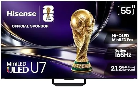 Hisense 55U7SG television on a media cabinet showing its slim bezel and angled feet