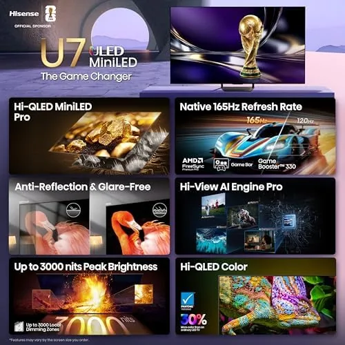 Side by side comparison of the Hisense U7 and an OLED television on a stand