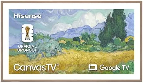 Hisense 65S7SG CanvasTV mounted on a wall and showing a framed artwork
