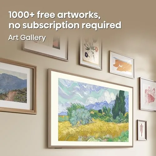 Wide shot of a living room with the CanvasTV blending into a gallery wall