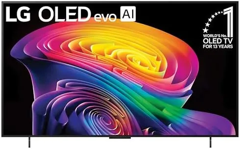 The LG 42-inch OLED evo C6 television on a desk setup showing a vibrant game scene