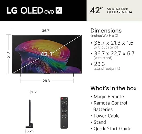 A close up of the slim profile and compact stand of the LG 42-inch OLED evo C6