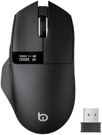 The G9Pro wireless mouse on a desk with its LED screen display visible
