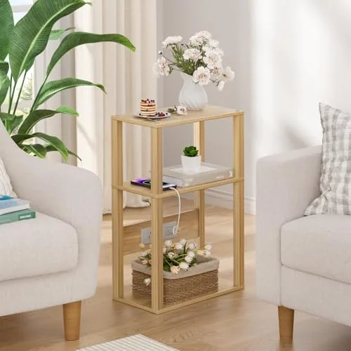 Another view of the YUFAM 3-Tier Narrow Bedside Table with Charging Station, Skinny Nightstand