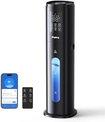 The 7L black cool mist humidifier in a bedroom corner with mist rising