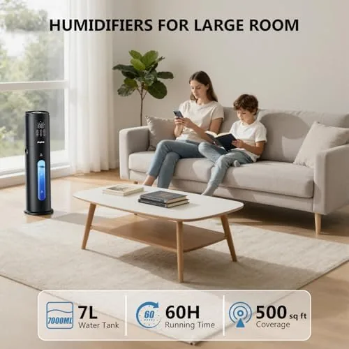 The humidifier running at high mist level in a large open plan living area