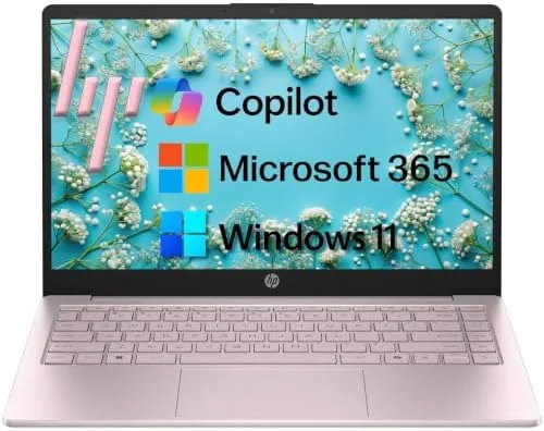 HP 14 inch 2026 laptop open on a desk showing its compact size and keyboard