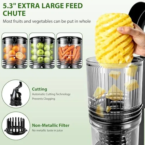 Close up of the wide 5.3 inch feed chute and the plunger of the Pukomc juicer