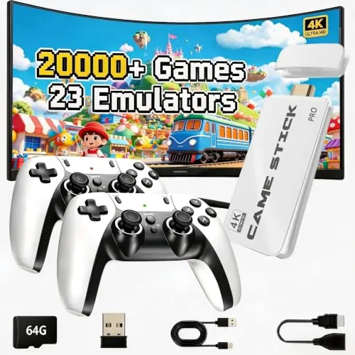 The Retro Gaming Stick Pro plugged into a television with two controllers nearby