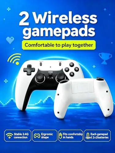 A parent and child playing a classic game together using the included controllers