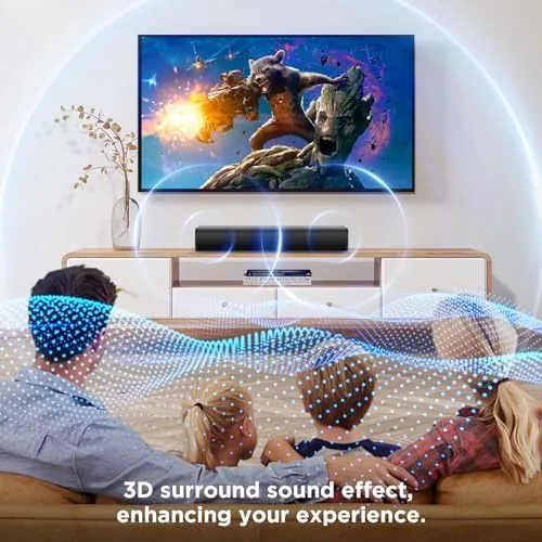 A movie scene playing on the television with the sound bar beneath it