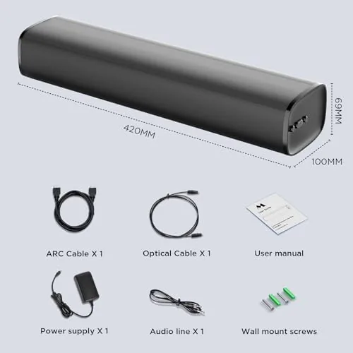 The sound bar set up in a small apartment living room with a compact television