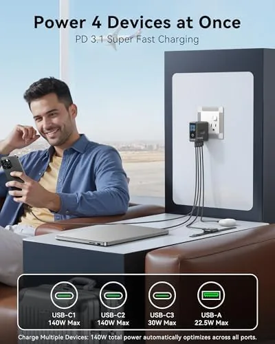 Close look at the MOKiN 140W USB C Charger, 4-Port Smart Display GaN Fast build quality