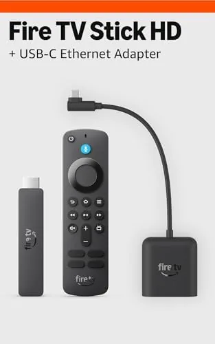The Fire TV Stick HD bundle with the right angle USB-C ethernet adapter on a table