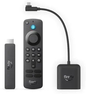 Close up of the Fire TV Stick HD body and the right angle ethernet adapter connected
