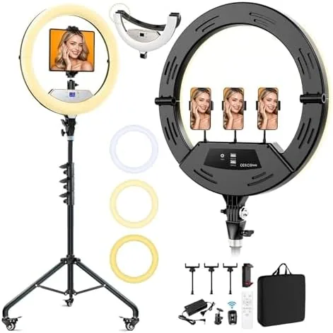 Overview of the 22" Ring Light with Stand: Lockable Wheels, LED Display &