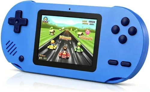 The blue 300-game retro handheld for kids resting on a table next to its USB cable