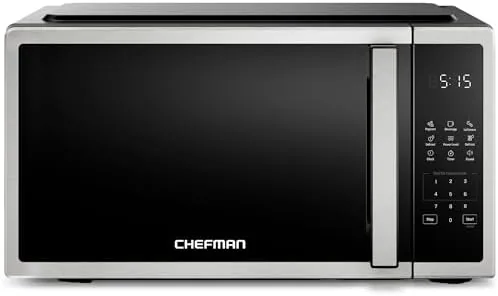 The Chefman compact countertop microwave in stainless steel on a kitchen counter