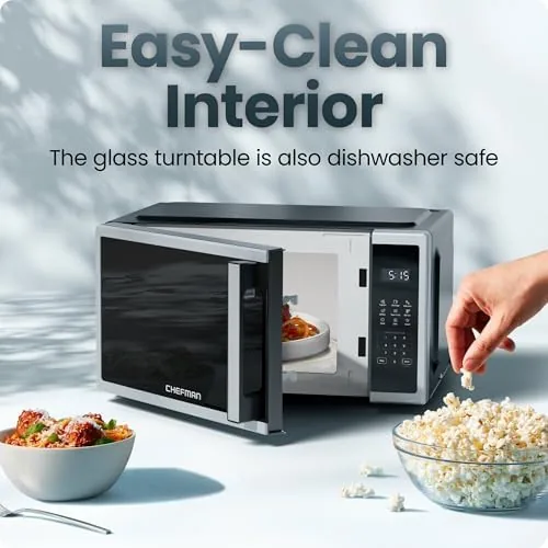 The Chefman microwave on a small apartment counter beside a coffee maker