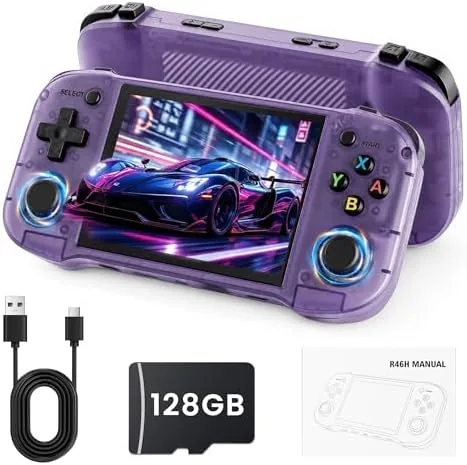 The purple R46H retro handheld emulator held in two hands showing its screen