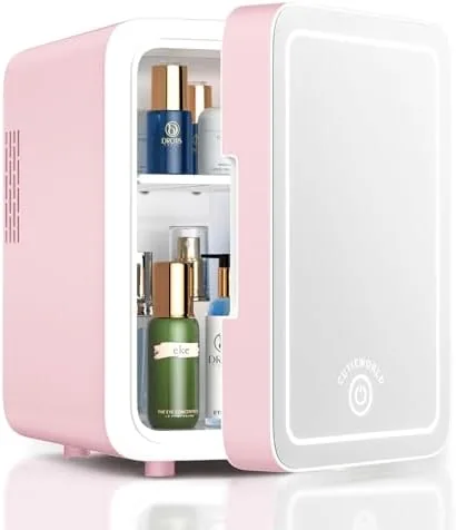 Overview of the CUTIEWORLD Skincare Fridge with Dimmable LED Light Mirror, 4L Mini